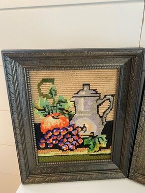 Vintage Handmade Pair of Framed Needlepoint Still Life Pictures Signed 1980 READ